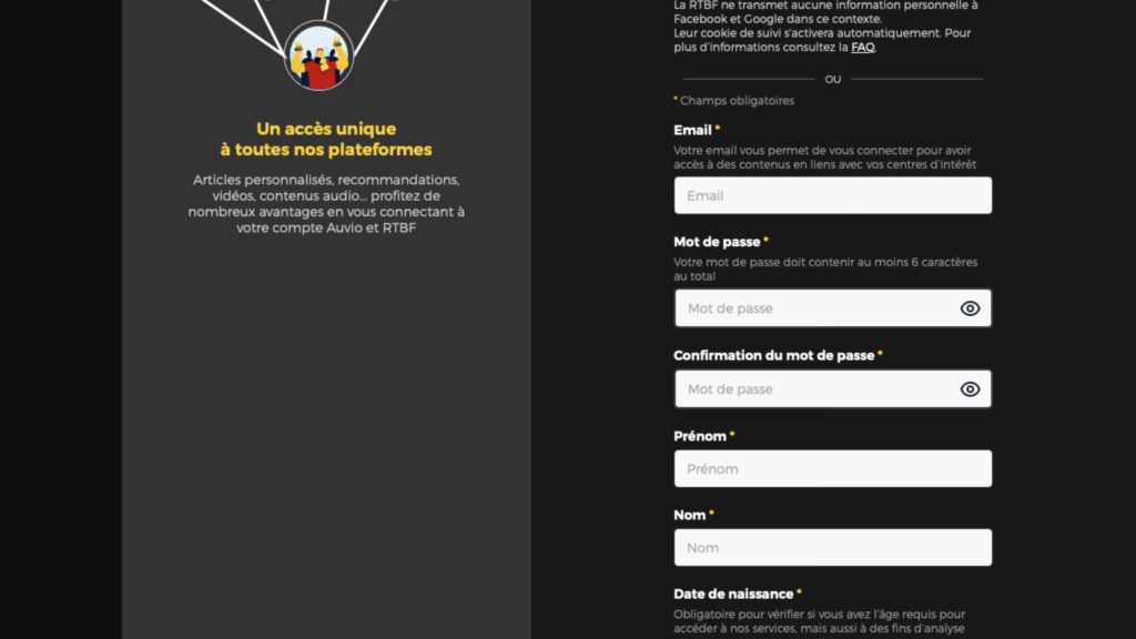 RTBF Auvioアカウント情報入力画面