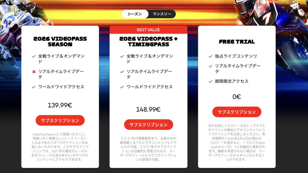 MotoGP VIDEOPASS サブスクリプションプラン